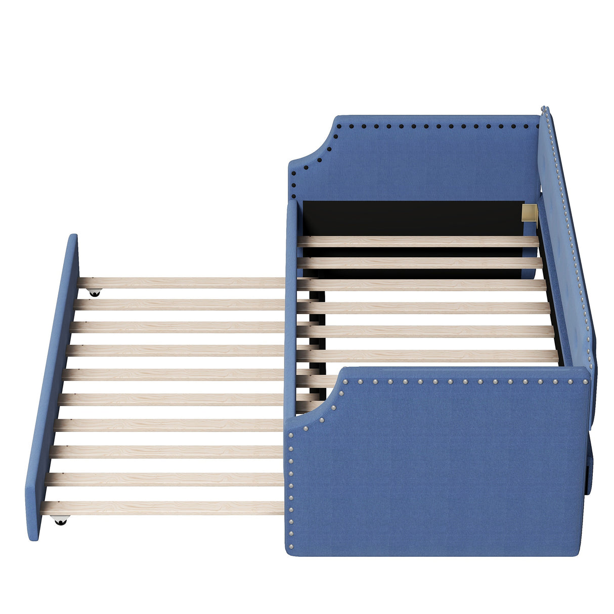 Upholstered Daybed with Trundle, Wood Slat Support,Upholstered Frame Sofa Bed Twin Blue - V.I.P Digital Presence