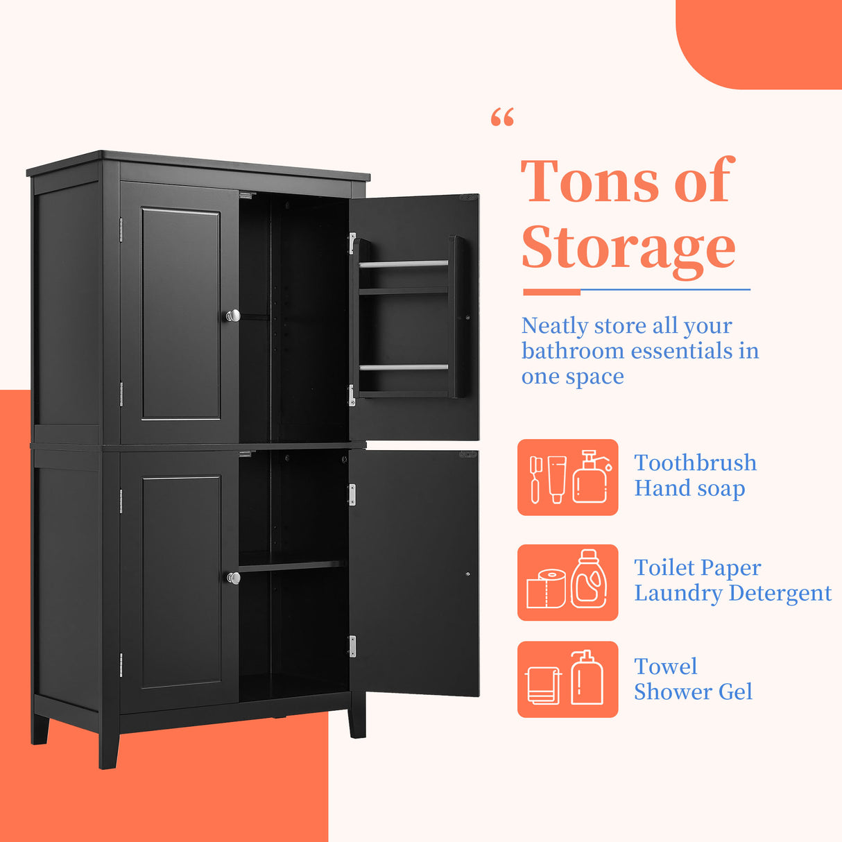Bathroom floor storage cabinet, bathroom storage cabinet, 4-door independent cabinet, adjustable shelf, adaptive shelf, black - V.I.P Digital Presence
