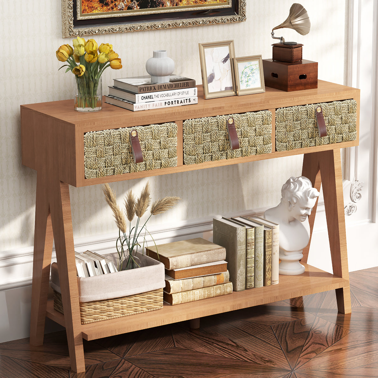 Medieval modern console table with entrance storage space, multifunctional entrance table with 3 drawers, open storage rack - V.I.P Digital Presence