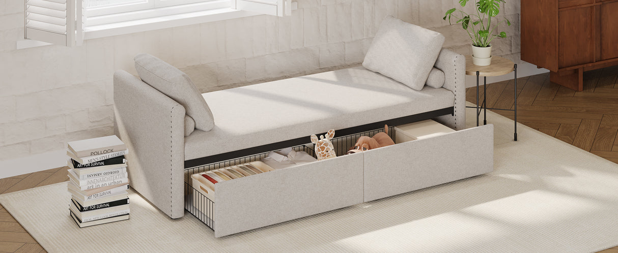 Modern cushioned lounge chair sofa bed with 2 drawers, small single sofa bed without mattress, linen, beige - V.I.P Digital Presence