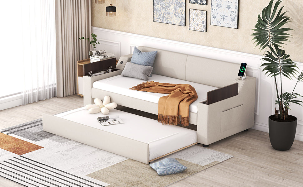 Twin Size Upholstery Daybed with Storage Arms Trundle and USB Design Beige
