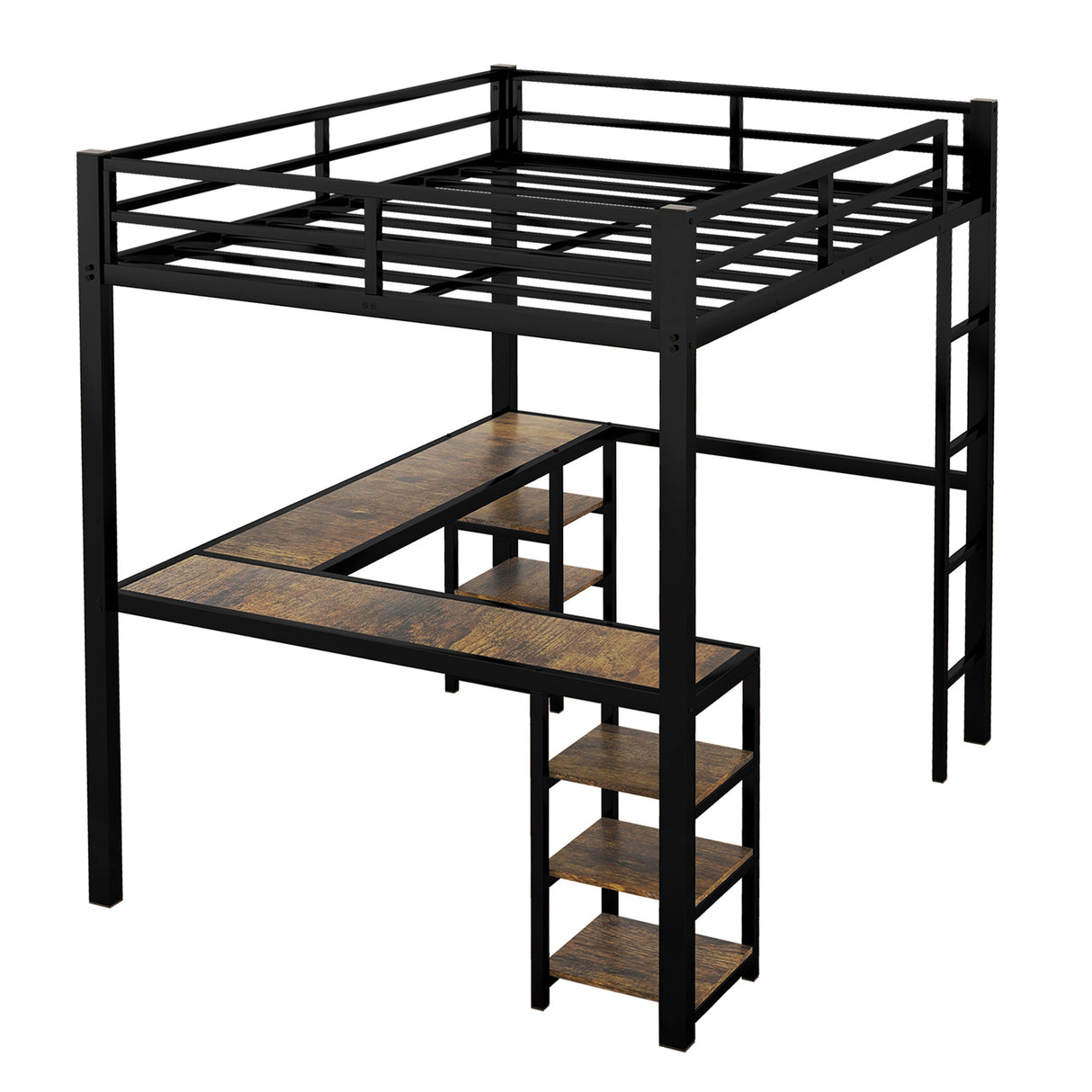 Full Metal Loft Bed with Desk and Shelves, Loft Bed with Ladder and Guardrails, Loft Bed Frame for Bedroom, Black - V.I.P Digital Presence