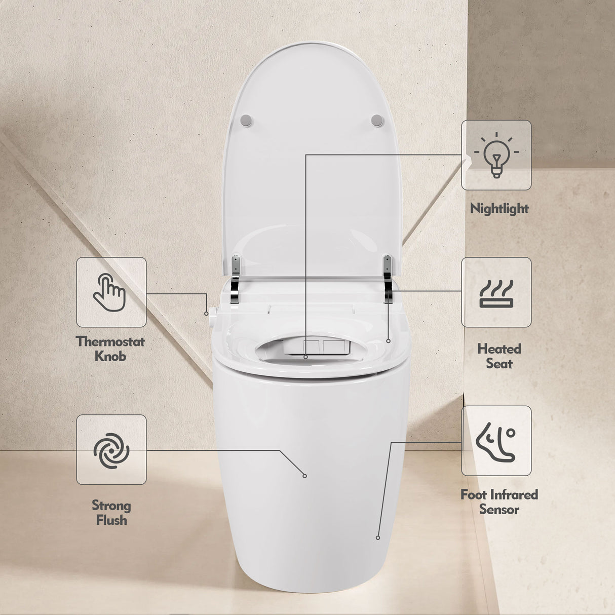 Heated seat intelligent toilet, integrated toilet, automatic flushing water tank toilet, with foot sensor flushing, white night - V.I.P Digital Presence