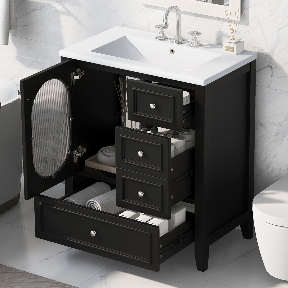 30" Bathroom Vanity with Sink, Bathroom Vanity Cabinet with Three Drawers and Door, Solid Wood and MDF, Black - V.I.P Digital Presence