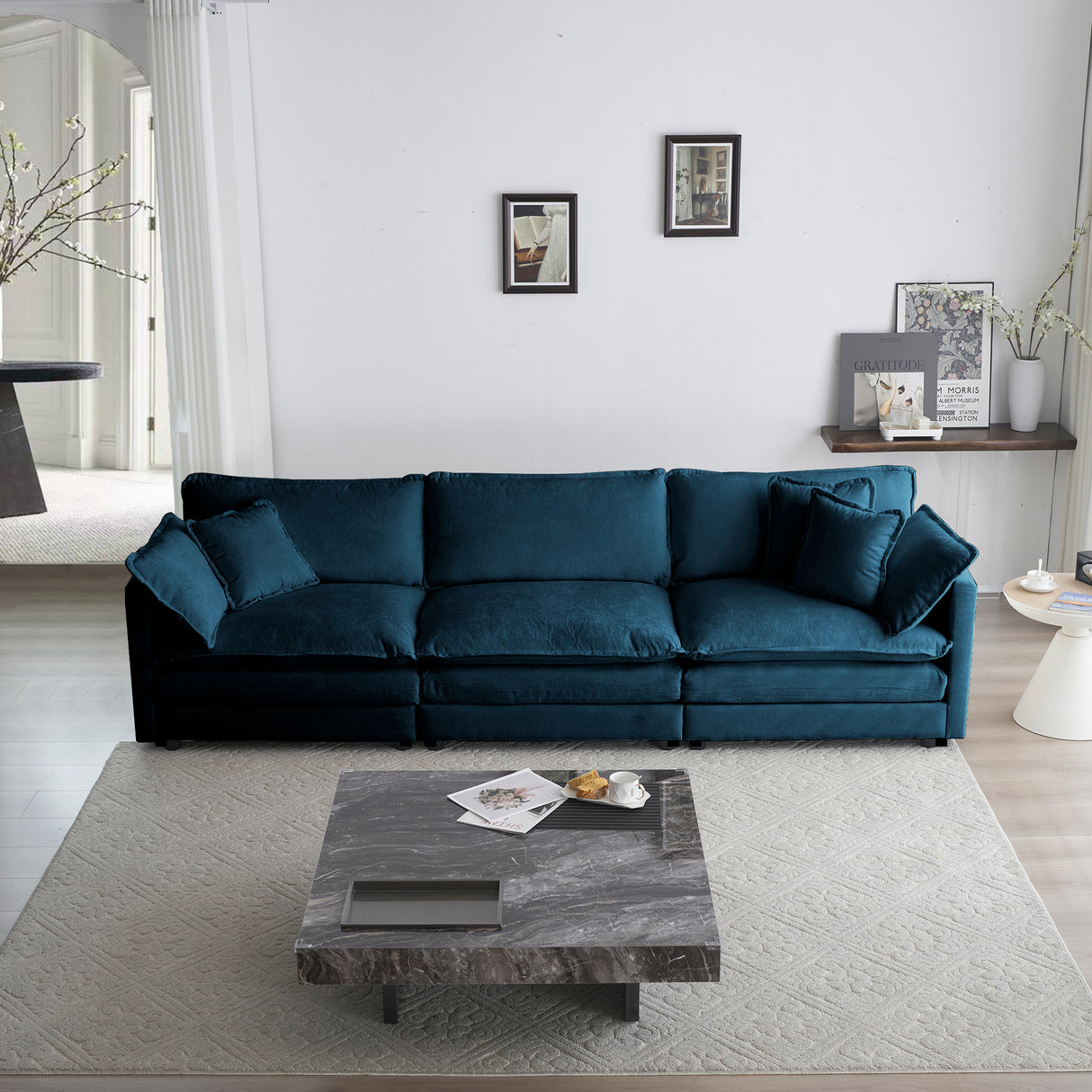 Mid-Century Modern Couch 3-Seater Sofa with 2 Armrest Pillows and 3 Toss Pillows, Couch for Living Room Blue Chenille - V.I.P Digital Presence
