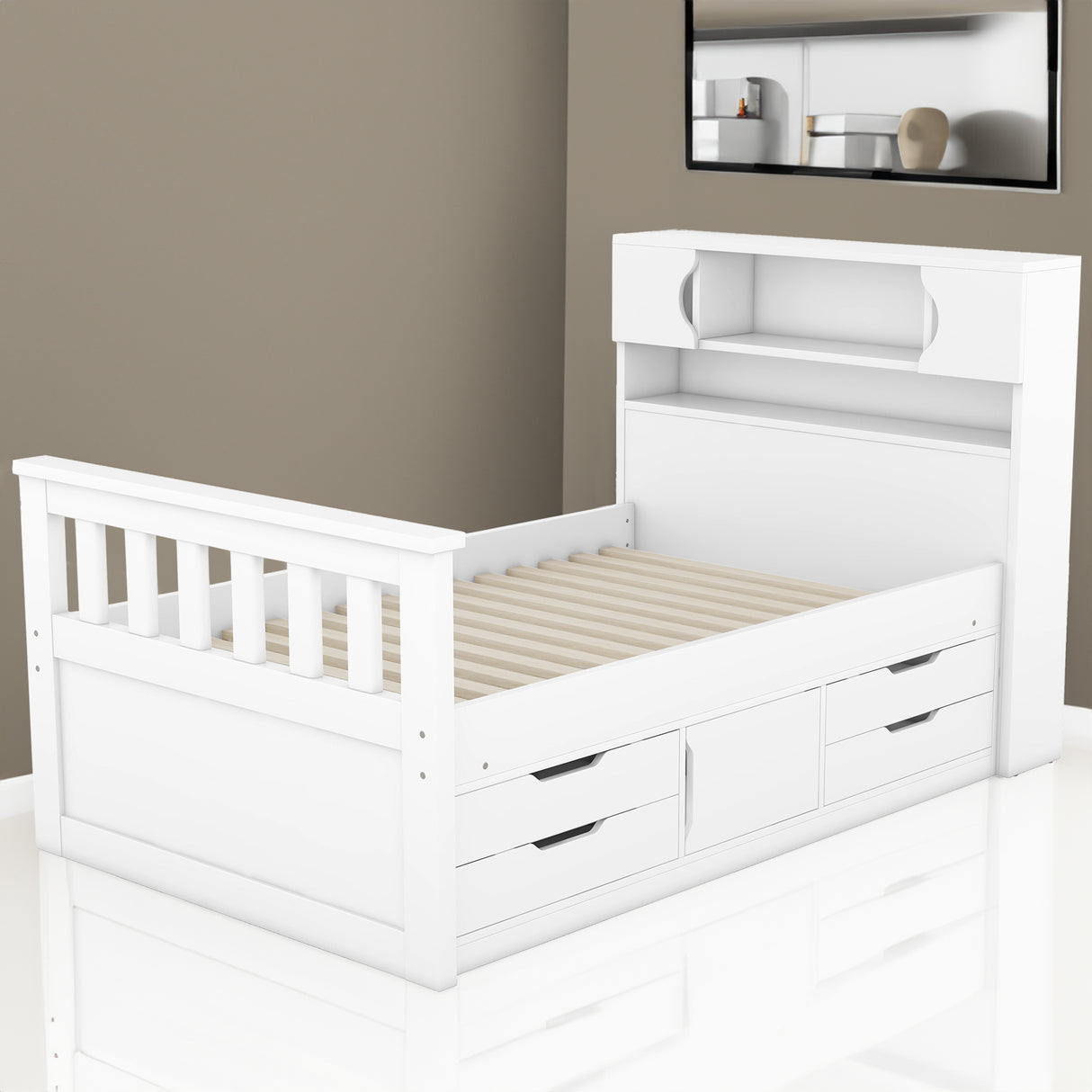 Twin Size Captain Platform Bed Frame with Storage Bookcases and Shelves,Four Drawers,White - V.I.P Digital Presence
