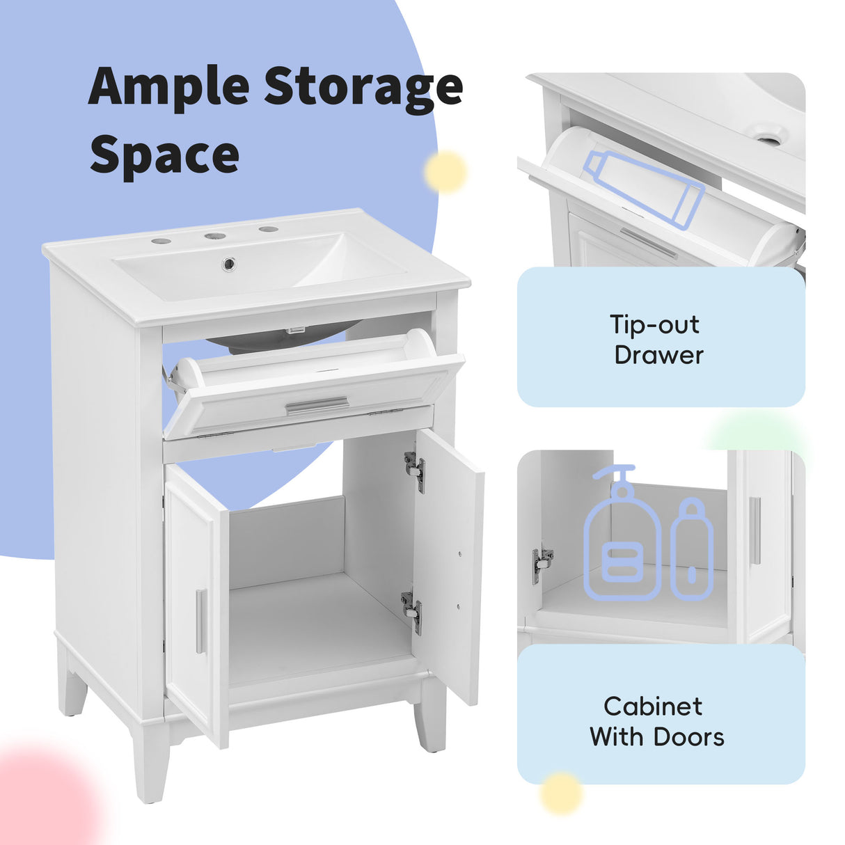 24" Bathroom Vanity with Sink, Bathroom Vanity Cabinet with One Flip Drawer and Doors, Solid Wood and MDF, White - V.I.P Digital Presence
