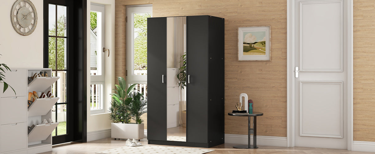 3 Door Wardrobe with Mirror, Armoire with Hanging Rod and 3 Fixed Shelves,Black - V.I.P Digital Presence