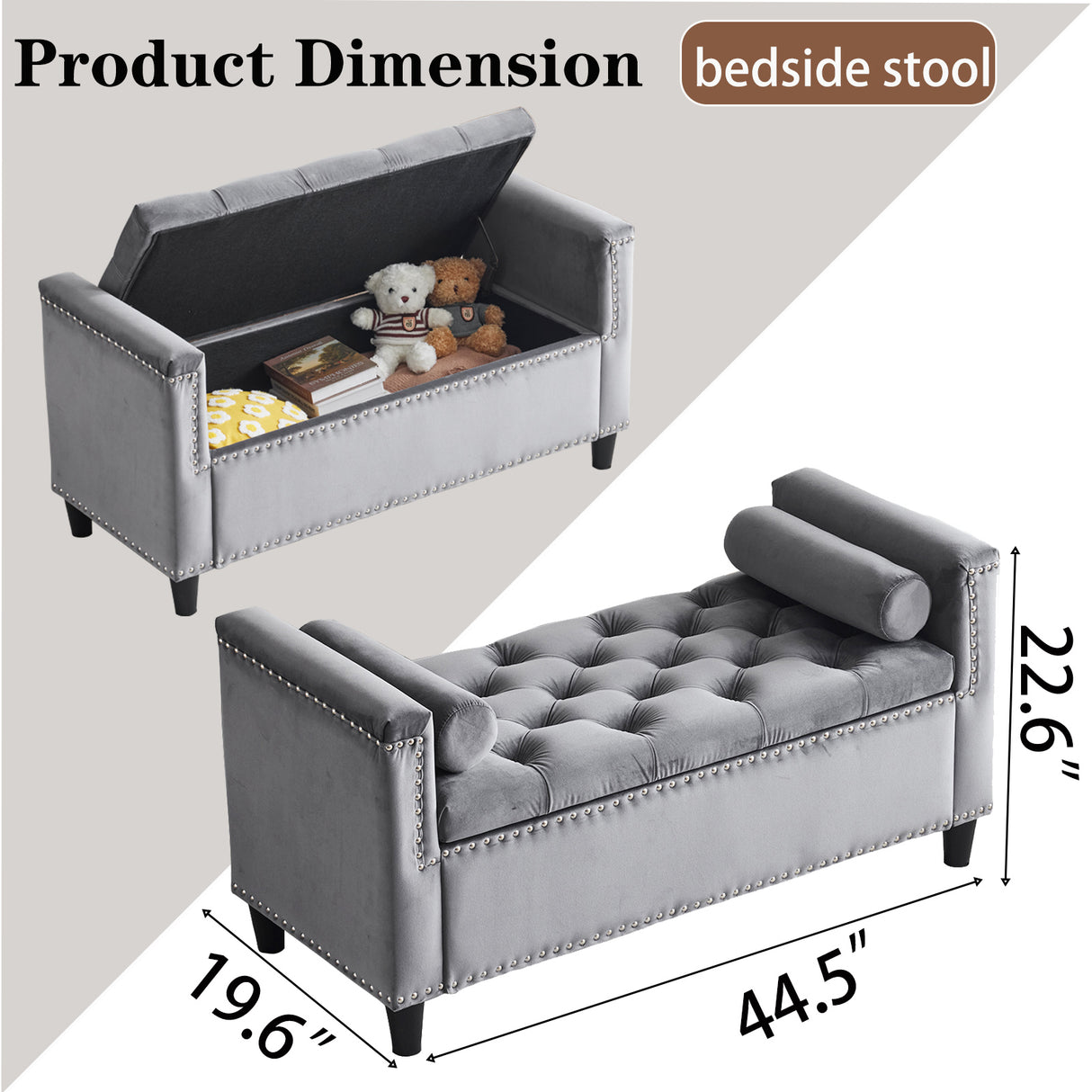Storage Bench, 44.5-Inch Queen Velvet Button Bedside Bench, Entryway Living Room with Armrests, Nailhead Trim Gray - V.I.P Digital Presence