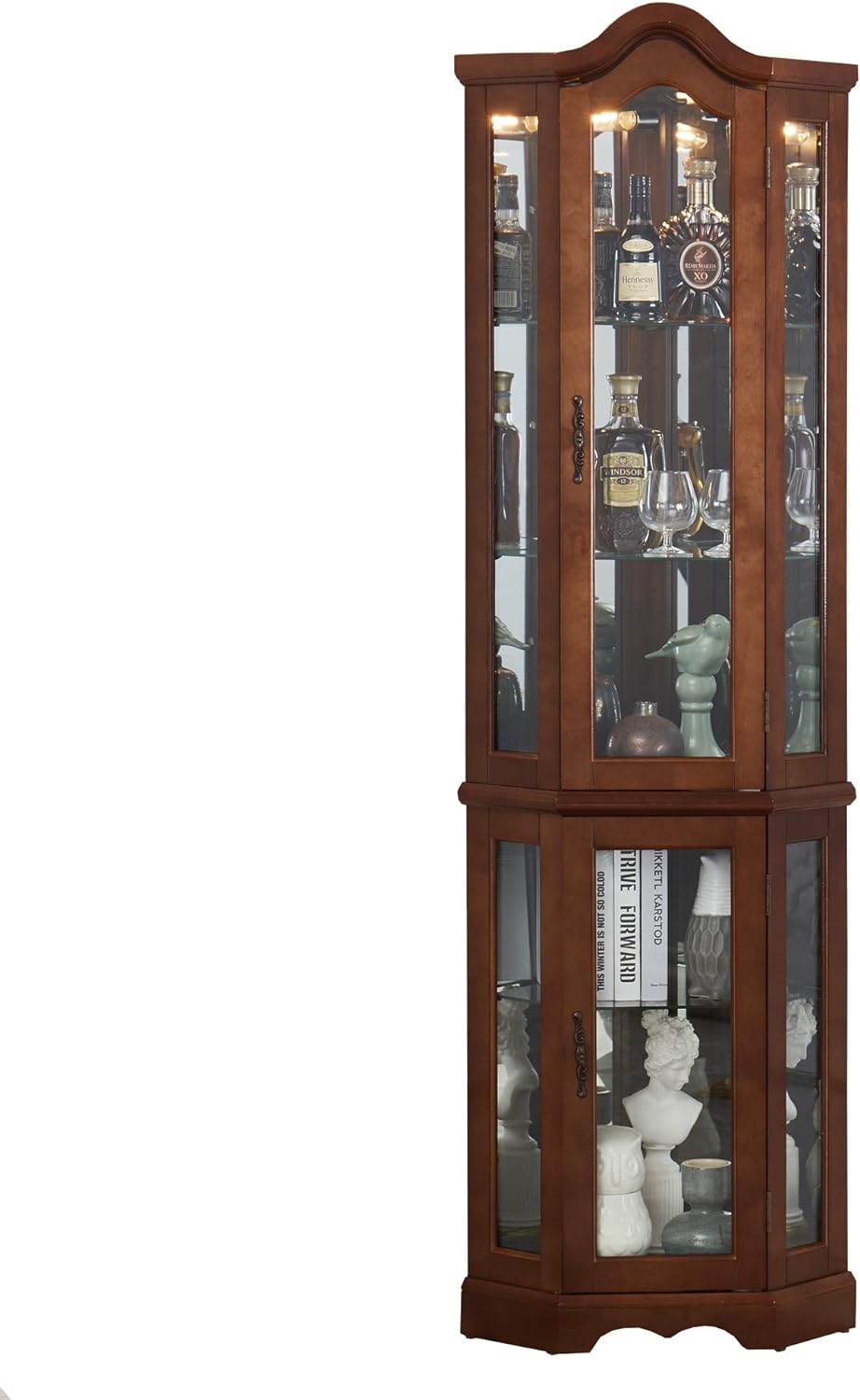 Corner Curio cabinet, adjustable tempered glass frame, rearview mirror, display cabinet, walnut wood (excluding E26 bulbs) - V.I.P Digital Presence