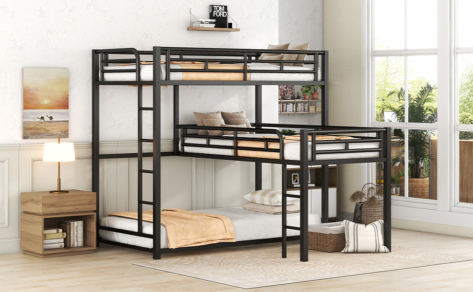 L-shaped Metal Triple Twin Size Bunk Bed, Black - V.I.P Digital Presence