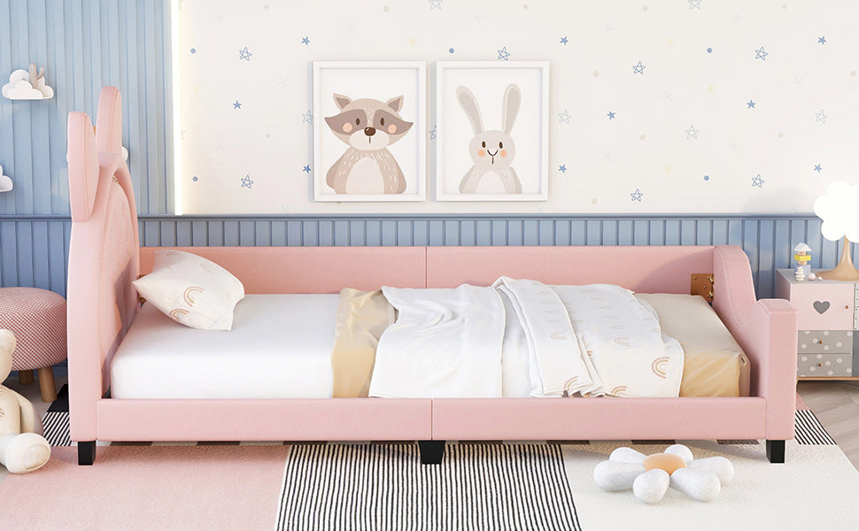 Twin Size Upholstered Daybed with Carton Ears Shaped Headboard Pink
