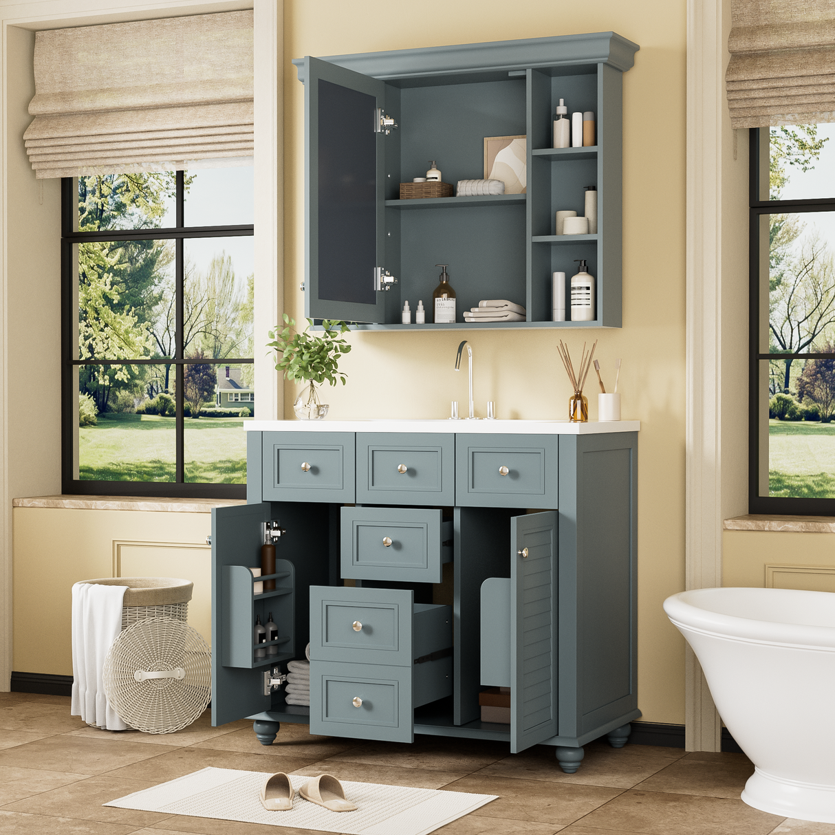 36 inch modern mirror cabinet with adjustable shelves, 2 soft closing doors, and 6 drawer storage cabinet door organizers - V.I.P Digital Presence