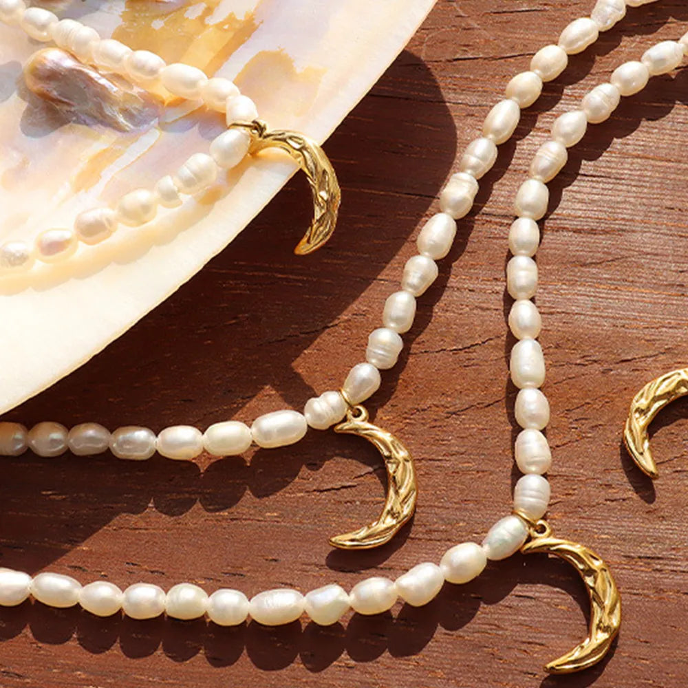 Pearl Titanium Steel Moon Shape Pendant Necklace - V.I.P Digital Presence