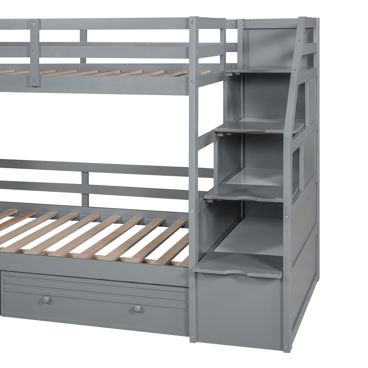 Twin over Twin Bunk Bed with Storage Staircase, Slide and Drawers, Desk with Drawers and Shelves Gray