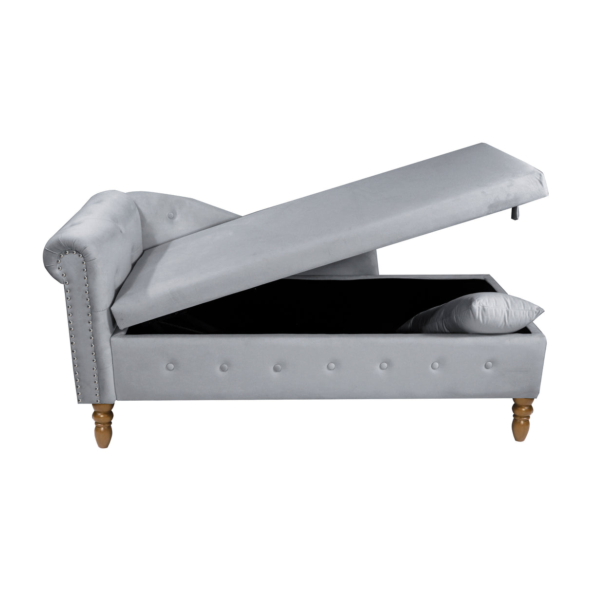 Grey Chaise Lounge Indoor Velvet Lounge Chair for Bedroom with Storage & Pillow Modern Upholstered Rolled Arm Chase Lounge - V.I.P Digital Presence