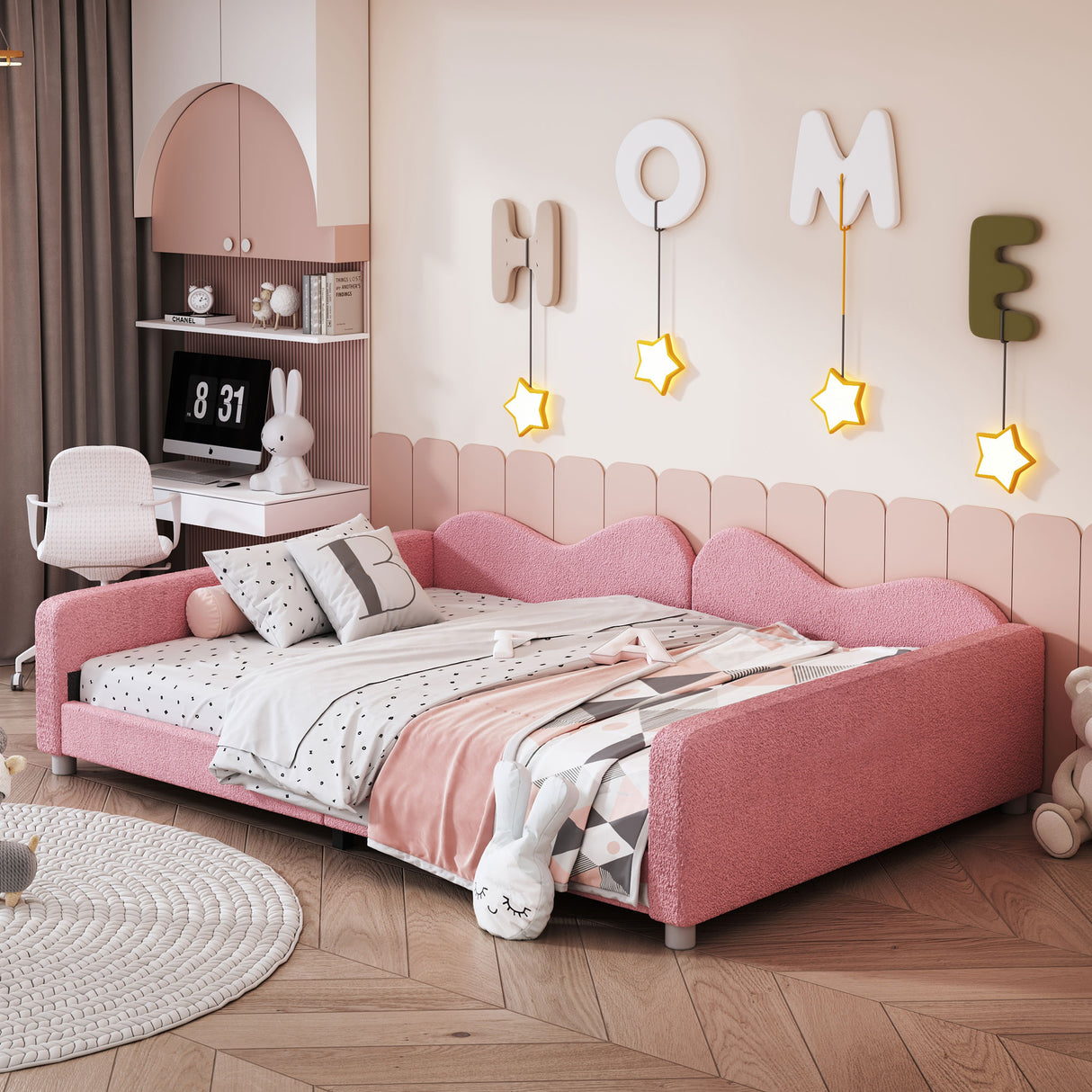 Full size Upholstered Daybed, Sherpa Fabric Sofabed with Cloud-Shaped Backrest, No Box-spring Needed, Pink - V.I.P Digital Presence