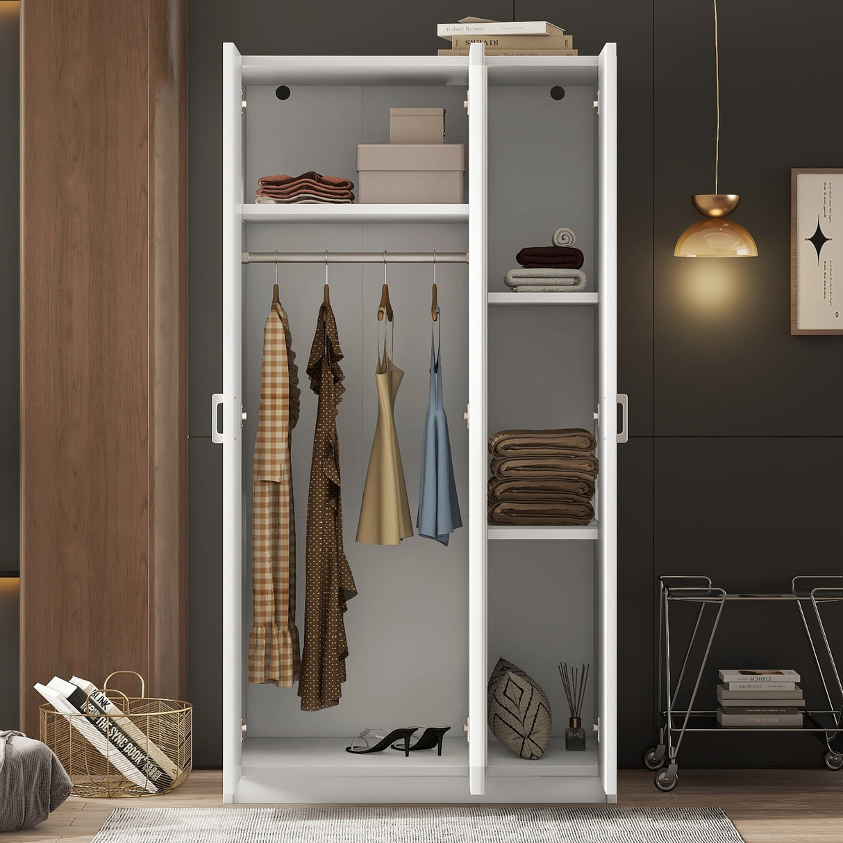 3 Door Wardrobe with Mirror, Armoire with Hanging Rod and 3 Fixed Shelves,White - V.I.P Digital Presence