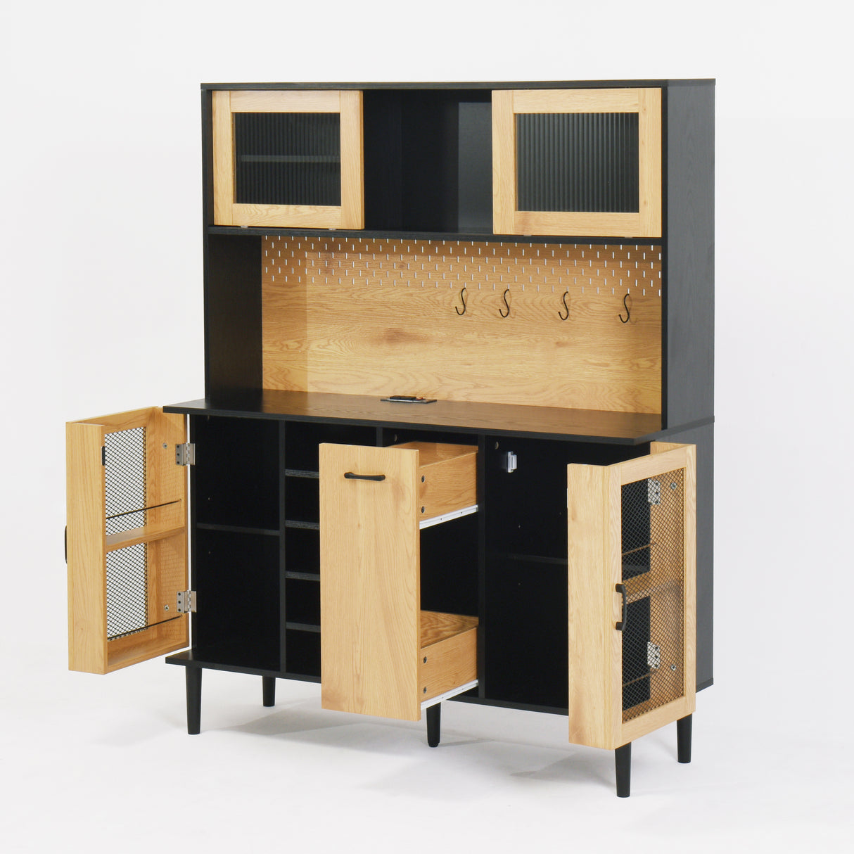 59 "H buffet side cabinet with storage door and power outlet, coffee bar cabinet with wine rack, black and natural colors - V.I.P Digital Presence