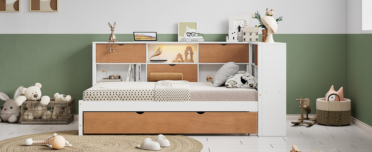 L-shaped bed frame with luggage and bookshelf, corner bed wooden captain's bed LED tube light and USB port walnut and white - V.I.P Digital Presence
