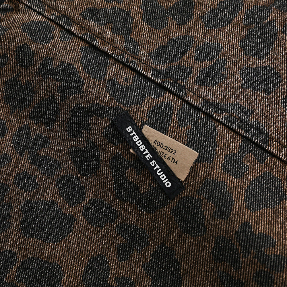 Leopard Print Denim Jacket Style Men's Punk Spring and Autumn Loose Casual Washed Open Front Zipper Collar Outerwear - V.I.P Digital Presence