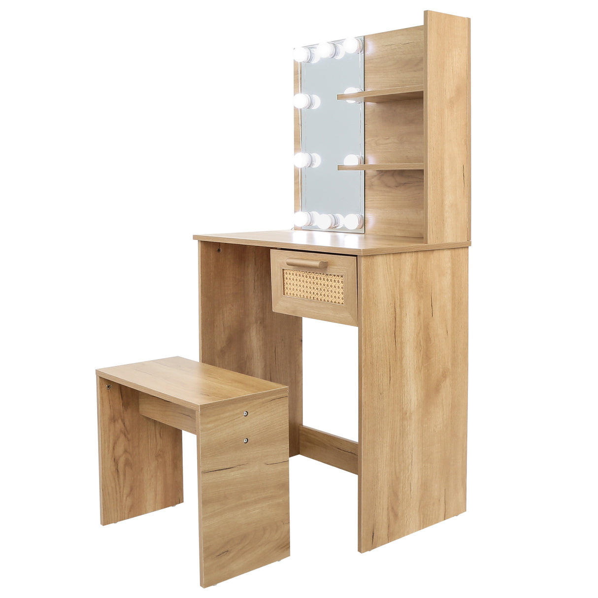 Vanity Desk Set Stool & Dressing Table with LED Lighting Mirror Drawer and Wood Cosmetic Table Chest of Drawers Nature Color - V.I.P Digital Presence