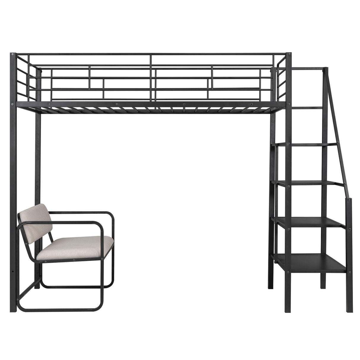 Twin Size Metal Loft Bed with Bench and Storage Staircase Black