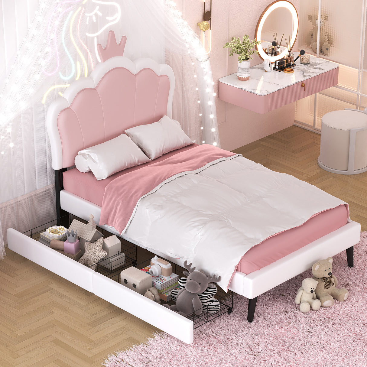 Twin cushion princess bed with crown headboard and 2 drawers with headboard and footrest, pink+white - V.I.P Digital Presence