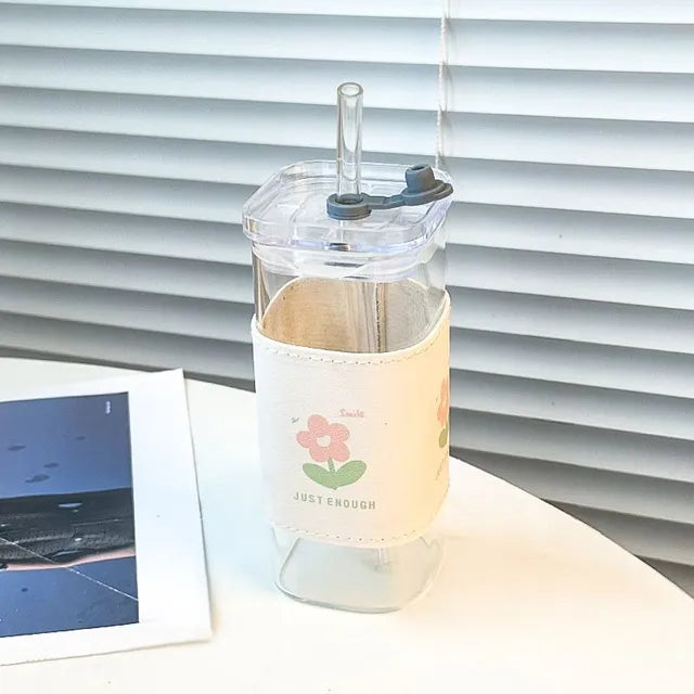 Shaped glass water cup with lid transparent and simple flat bottom heated cup - V.I.P Digital Presence