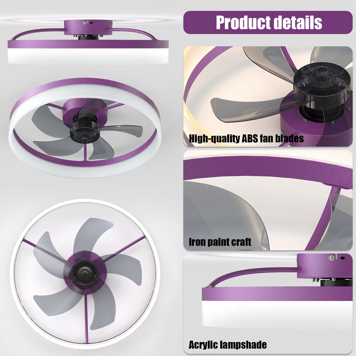 Ceiling Fans with Lights Dimmable LED Embedded installation of thin modern ceiling fans(Purple) - V.I.P Digital Presence