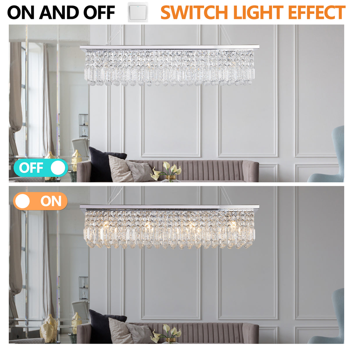 Modern Crystal Chandelier for Dining Room 8-Light White Rectangle Raindrop L39.4'' x W9.8'' x H8.7'(Bulb Not Included) - V.I.P Digital Presence