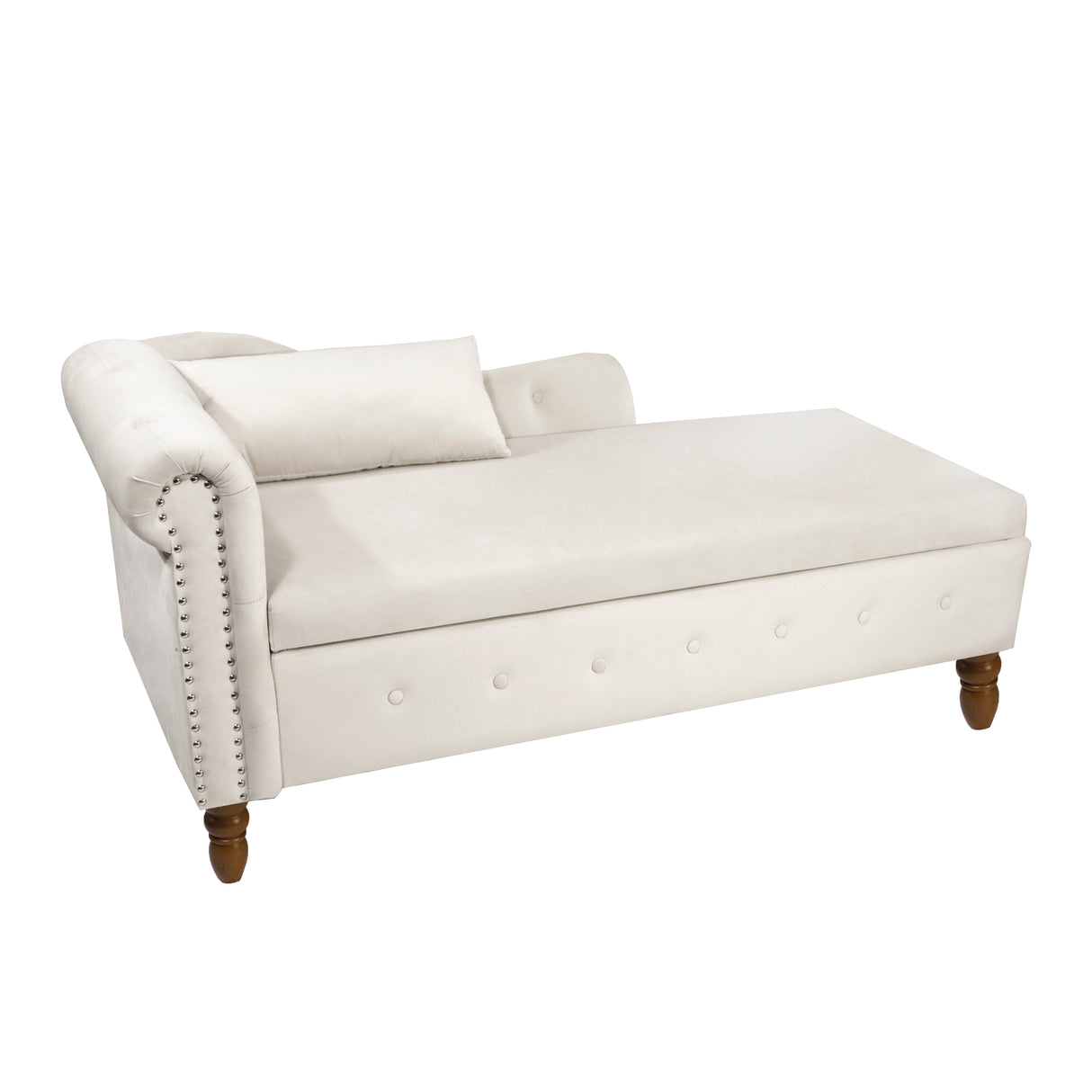 Beige Chaise Lounge Indoor Velvet Lounge Chair for Bedroom with Storage & Pillow Modern Upholstered Rolled Arm Chase Lounge - V.I.P Digital Presence