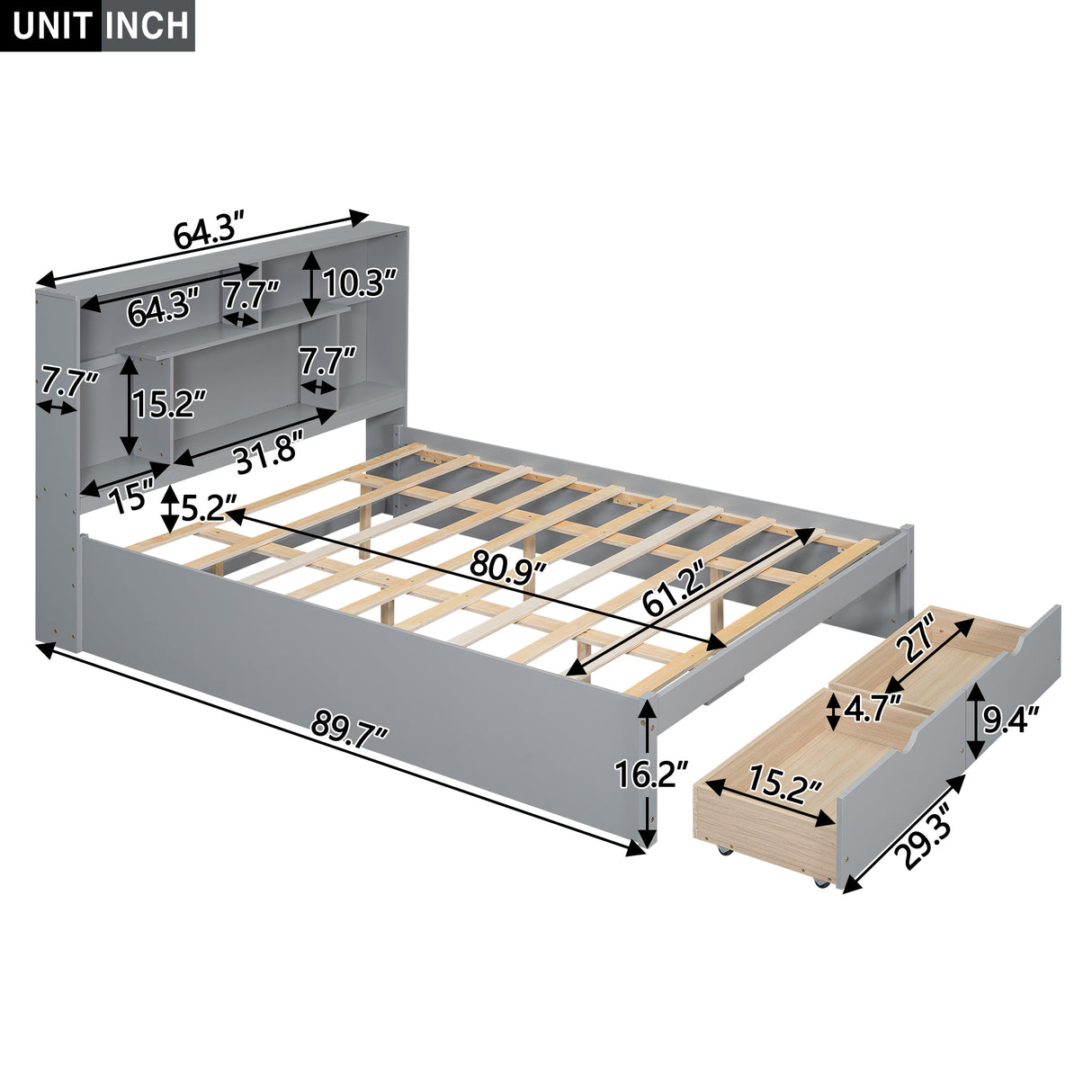Queen Size Platform Bed with Storage Headboard and 2 Drawers, Gray - V.I.P Digital Presence