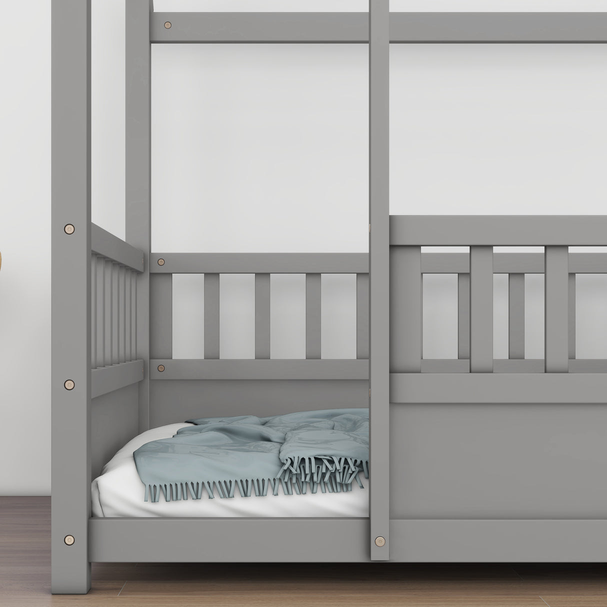 Twin Size Floor Wooden Bed with House Roof Frame Fence Guardrails Grey - V.I.P Digital Presence