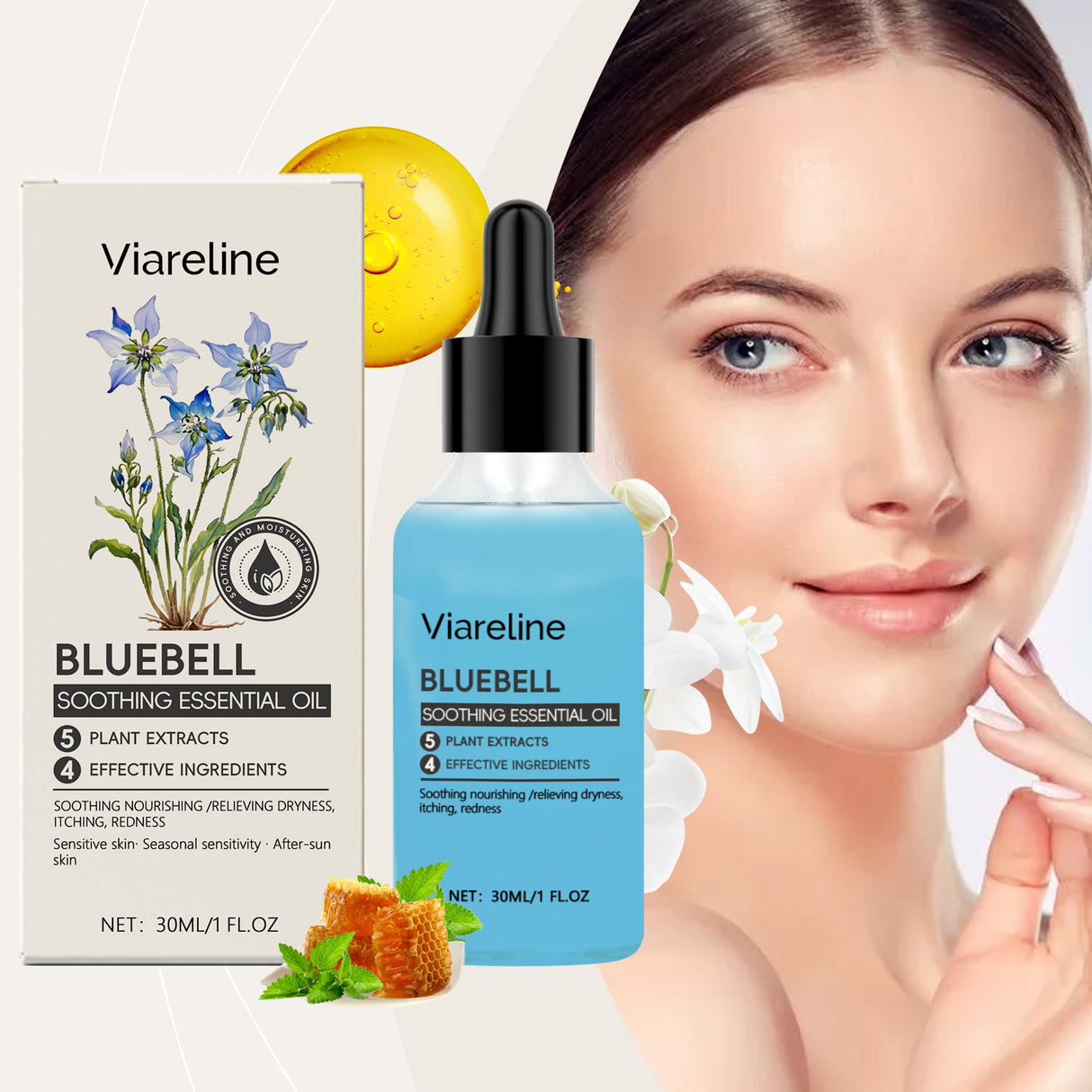 Aceite esencial calmante Blue Bell, aceite hidratante calmante para el cuidado de la piel, aceite nutritivo para el rostro.