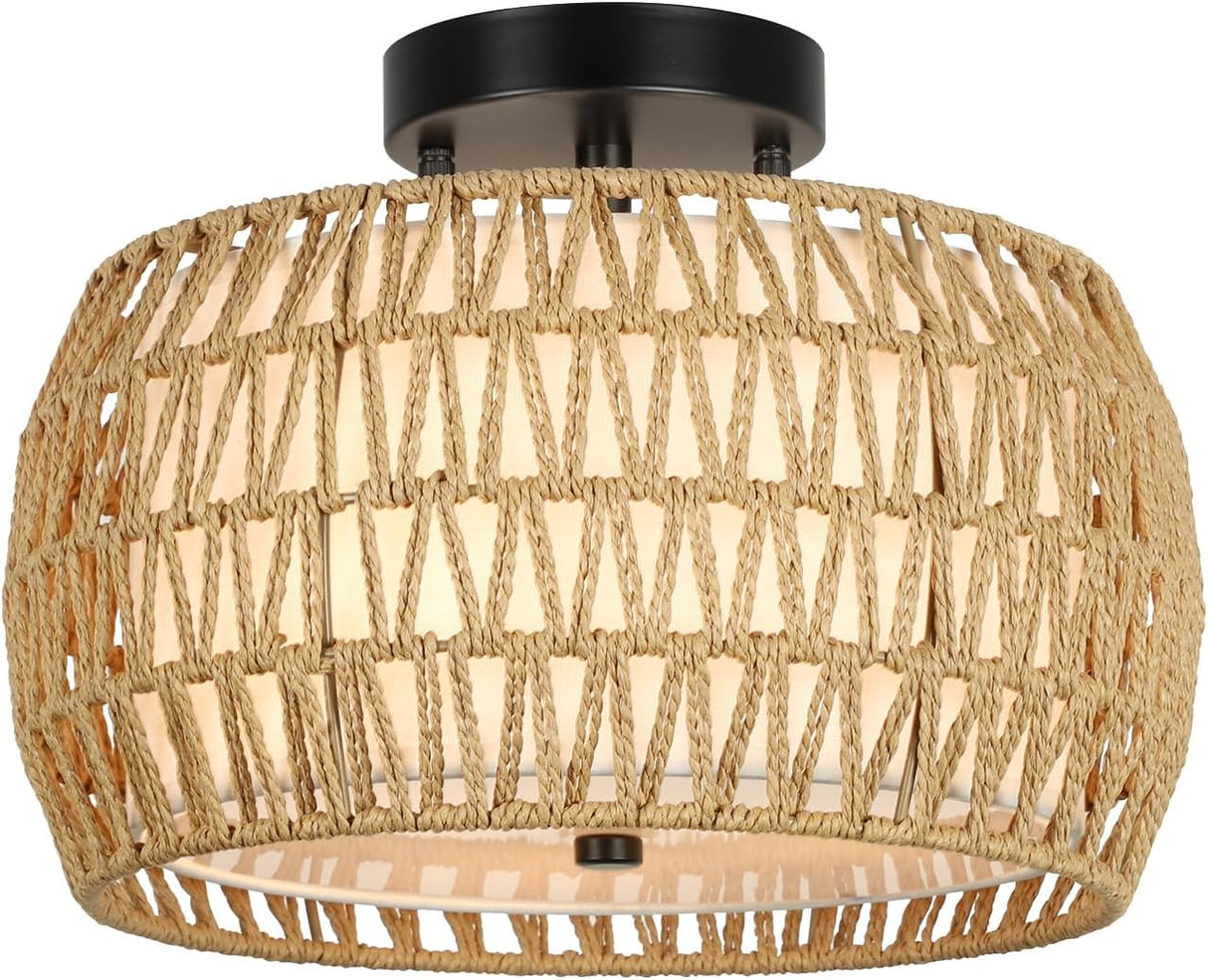Boho Light Fixtures Ceiling Mount, Rattan Semi Flush Mount Ceiling Light, Farmhouse Light Fixtures with Fabric Shades - V.I.P Digital Presence