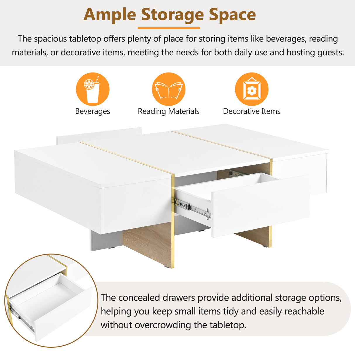 ON-TRANS 47.2 inch x 31.4 inch multifunctional rectangular sofa table with 2 drawers and gold wood grain leg center table, white - V.I.P Digital Presence