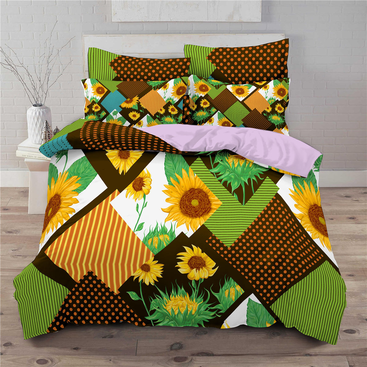 Juego de cama de 3 piezas con estampado de girasoles, edredón con impresión digital 3D.
