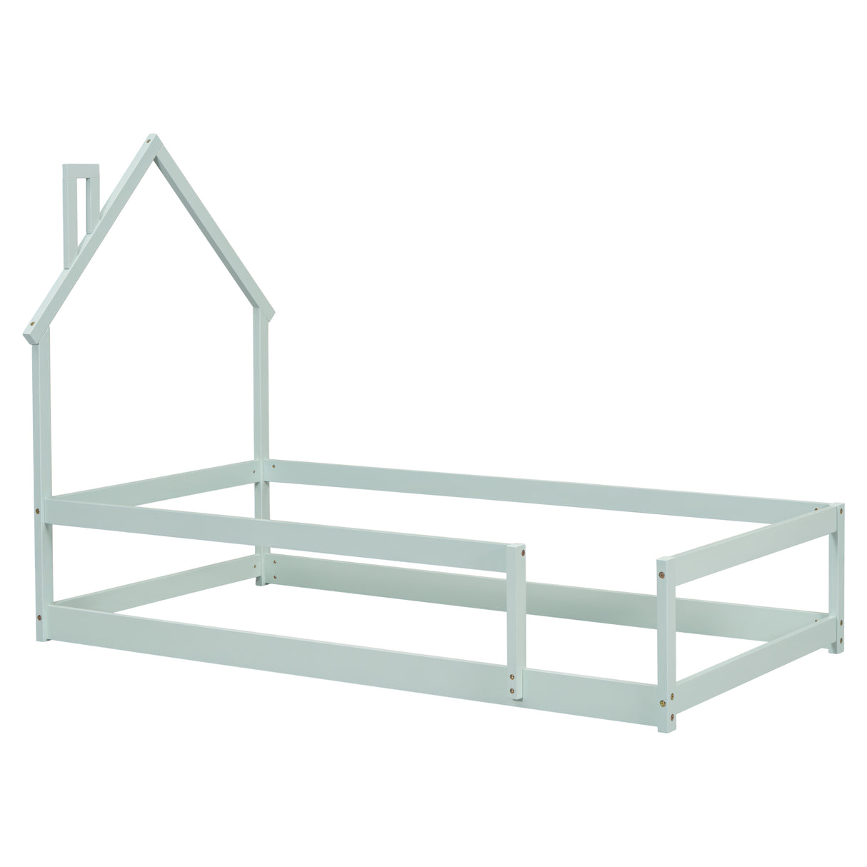 Twin Size Wood bed with House-shaped Headboard Floor bed with Fences,Light Green - V.I.P Digital Presence
