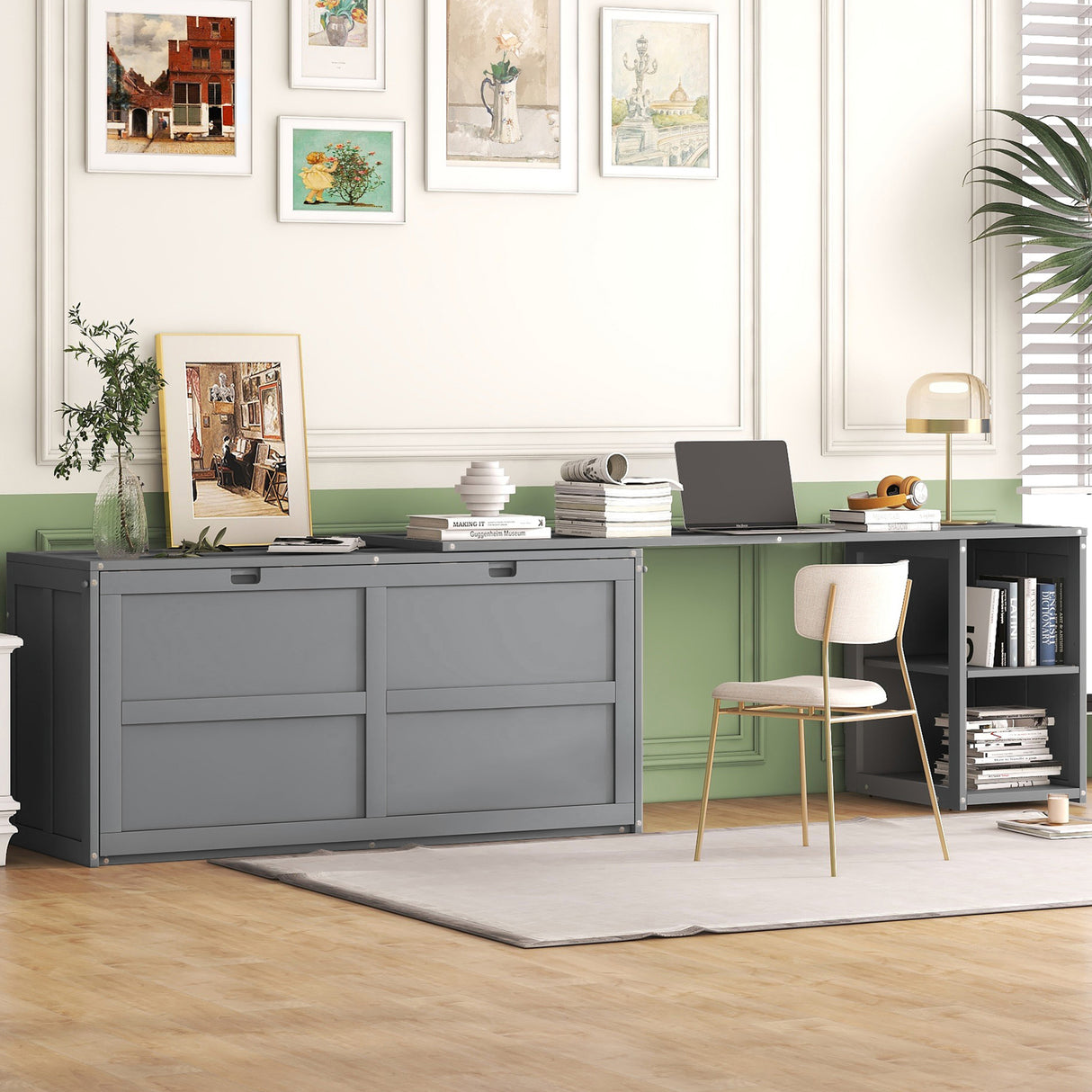 Queen Size Murphy Bed with Rotable Desk Gray