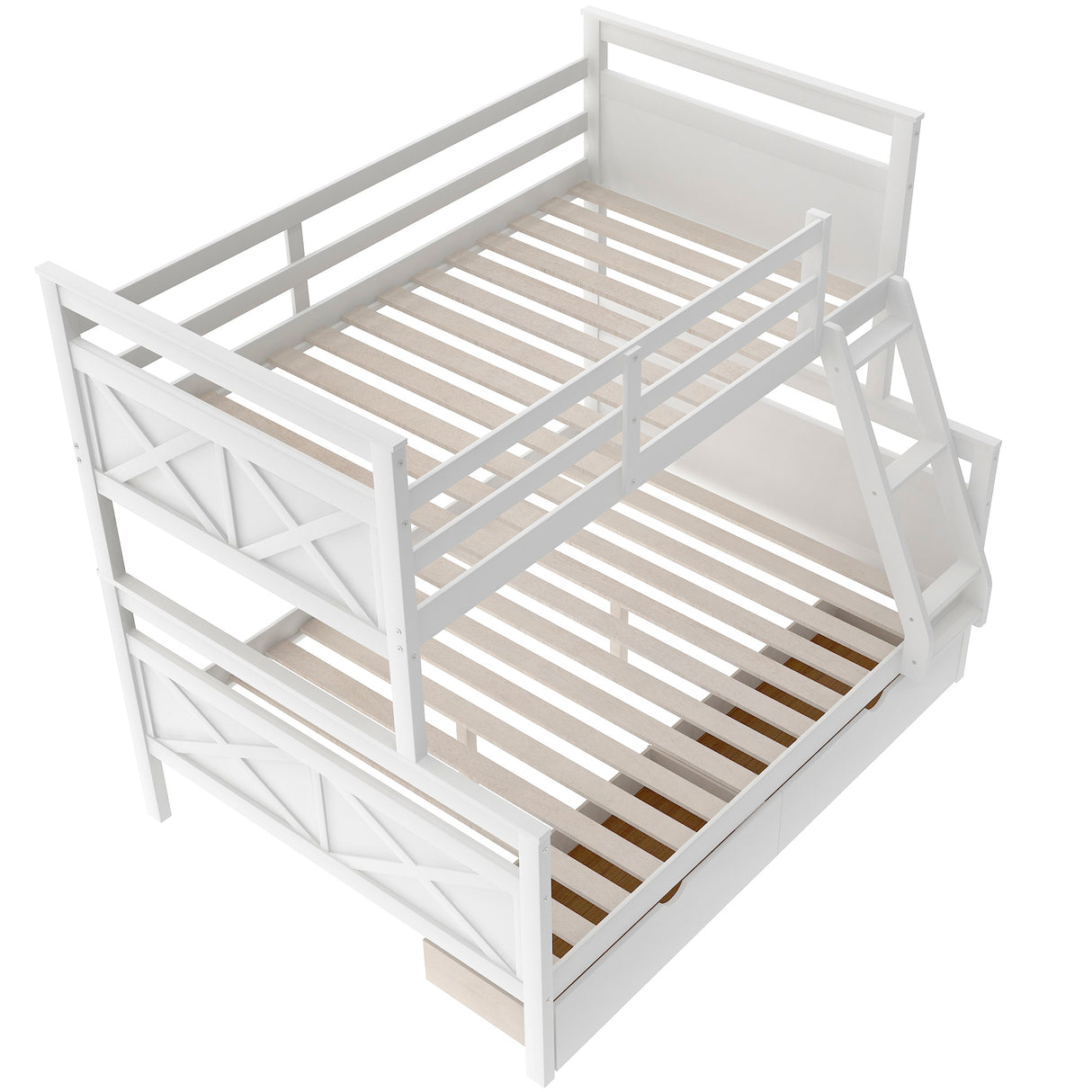 Twin over Full Bunk Bed with Ladder, Two Storage Drawers, Safety Guardrail White