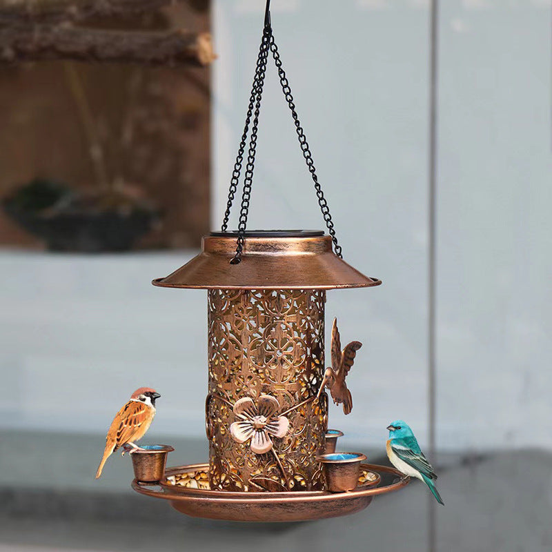 Outdoor solar powered lamp metal hanging bird feeder feeding and watering dual-purpose bird feeder decorative lamp - V.I.P Digital Presence