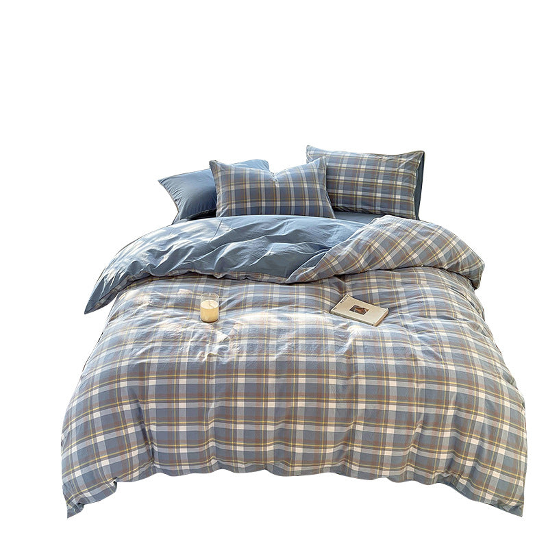 Juego de ropa de cama de algodón lavado teñido de algodón puro de clase A, sábana plana, funda de edredón, sábana ajustable, funda de edredón, juego de tres piezas a rayas