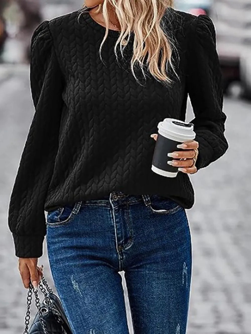 Textured Round Neck Long Sleeve Sweatshirt - V.I.P Digital Presence