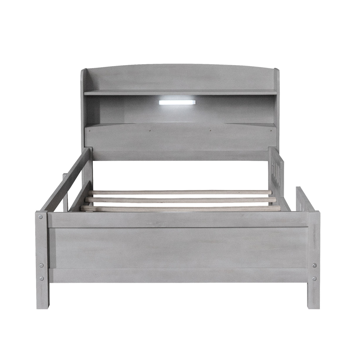 Wood Twin Size Platform Bed with Built-in LED Light Storage Headboard and Guardrail Antique Grey