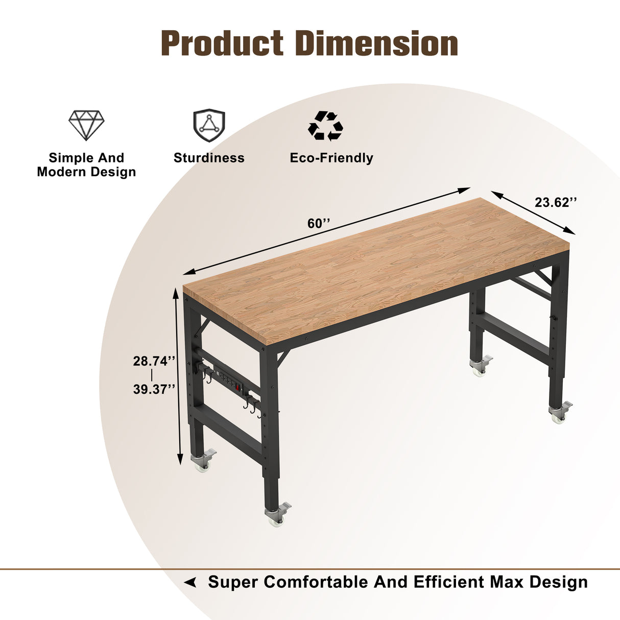 60 inch adjustable garage workbench, rubber wood heavy-duty workstation with power socket and wheels, 2000 pound load capacity - V.I.P Digital Presence