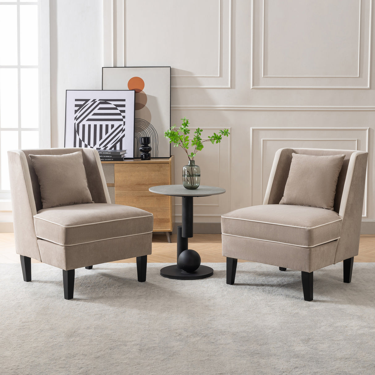 Velvet Upholstered Accent Chair with Cream Piping, Tan and Cream - V.I.P Digital Presence