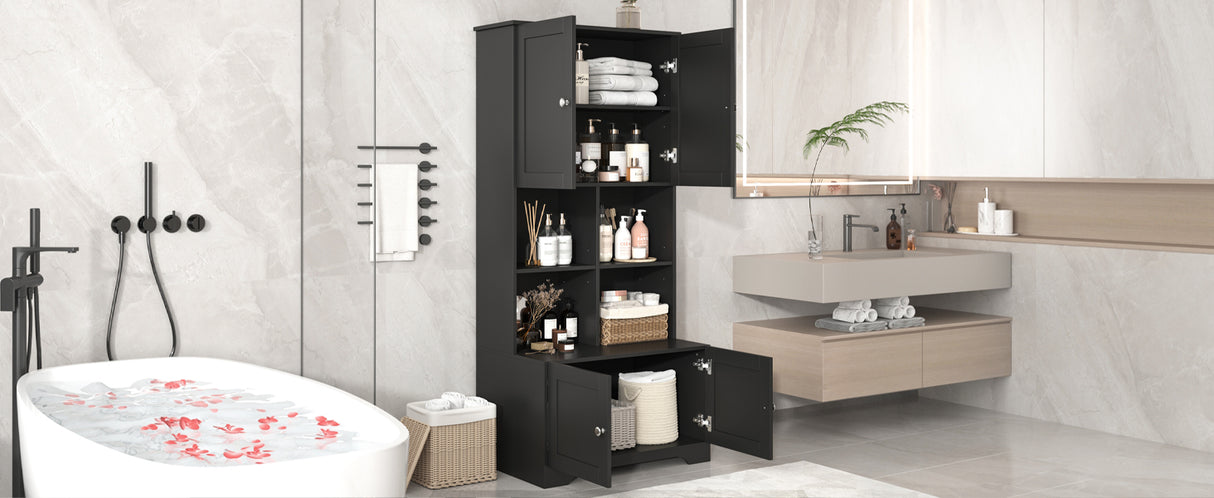 Bathroom storage cabinet, 4-door independent cabinet, adjustable shelf, open multi-layer shelf, black - V.I.P Digital Presence