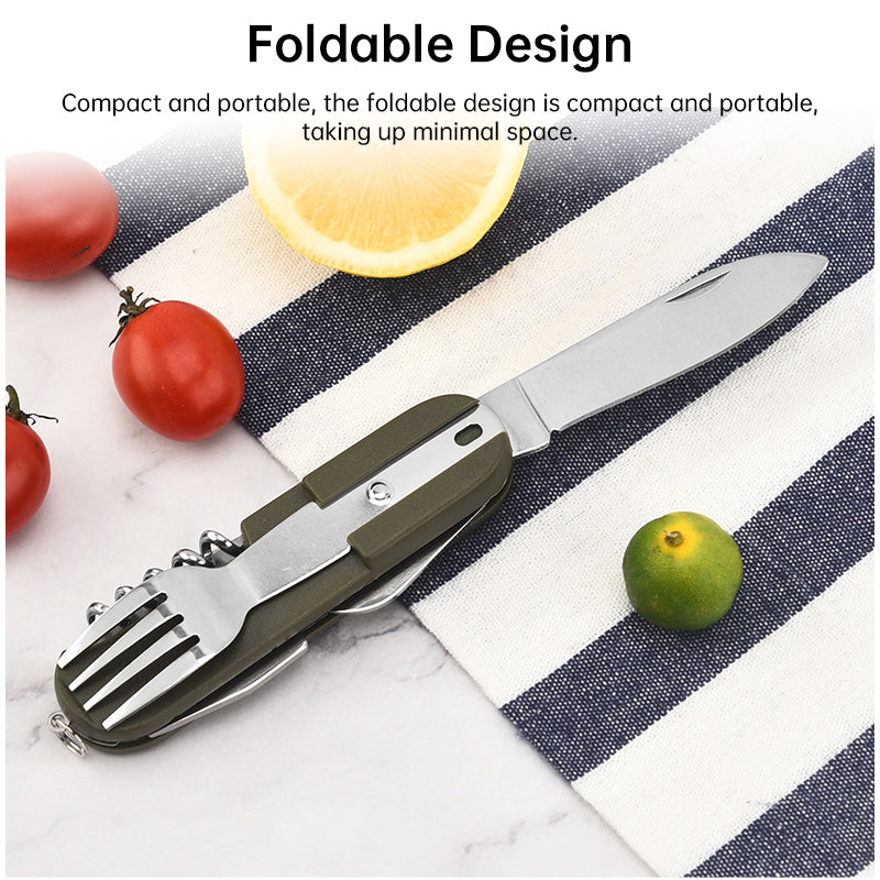 Vajilla plegable multifuncional 7 en 1 de acero inoxidable para acampar al aire libre: tenedor, cuchara y cuchillo. Herramientas de supervivencia para picnic y camping.