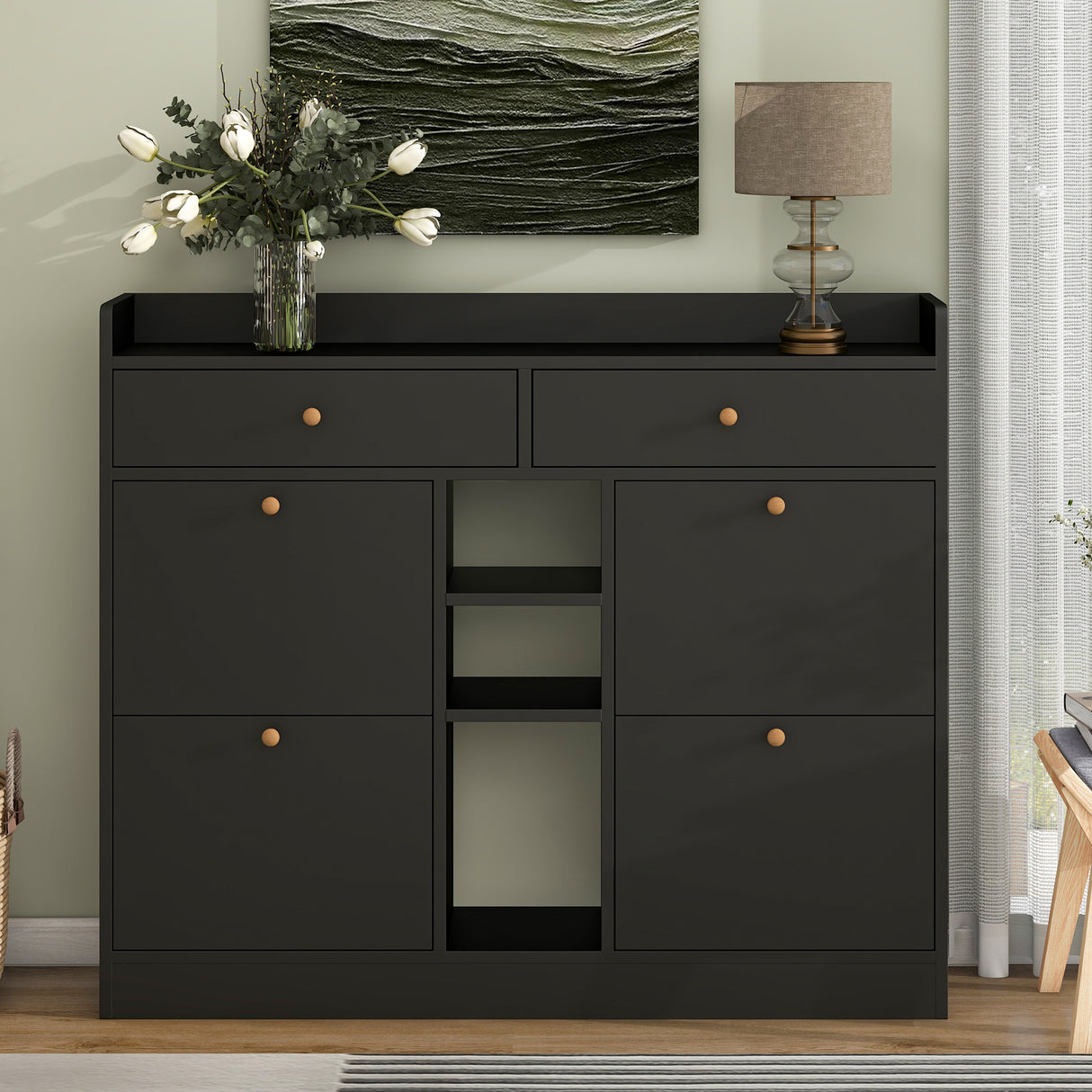ONTREND modern shoe cabinet with 4 flipped drawers, multifunctional double-layer shoe storage with drawers, black. - V.I.P Digital Presence